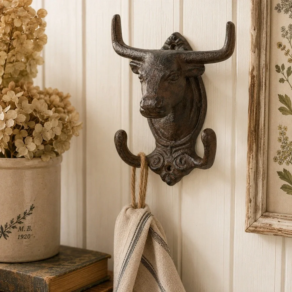 Cast Iron Bull Double Wall Hook Western Ranch Farmhouse Decor